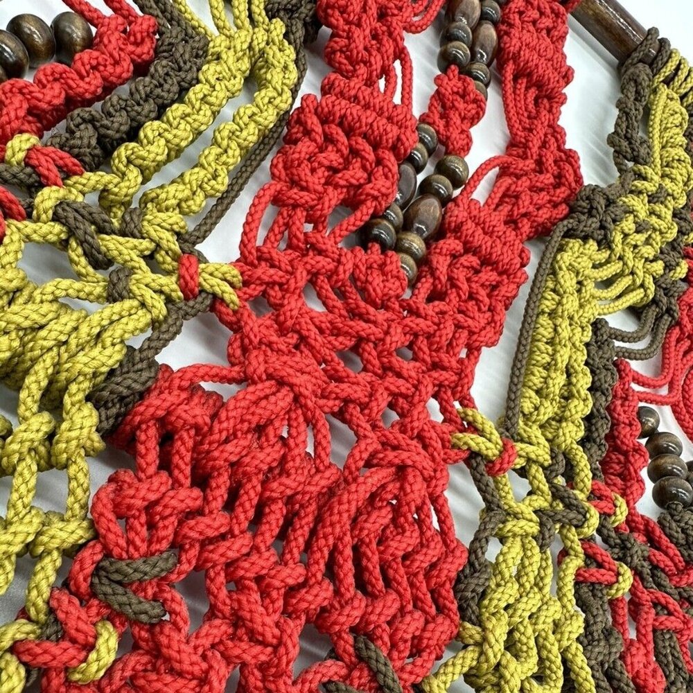 Macrame Wall Hanging Boho Wood Rod Green Red Brown Beads Striped Rope Art Nylon - Picture 3 of 7